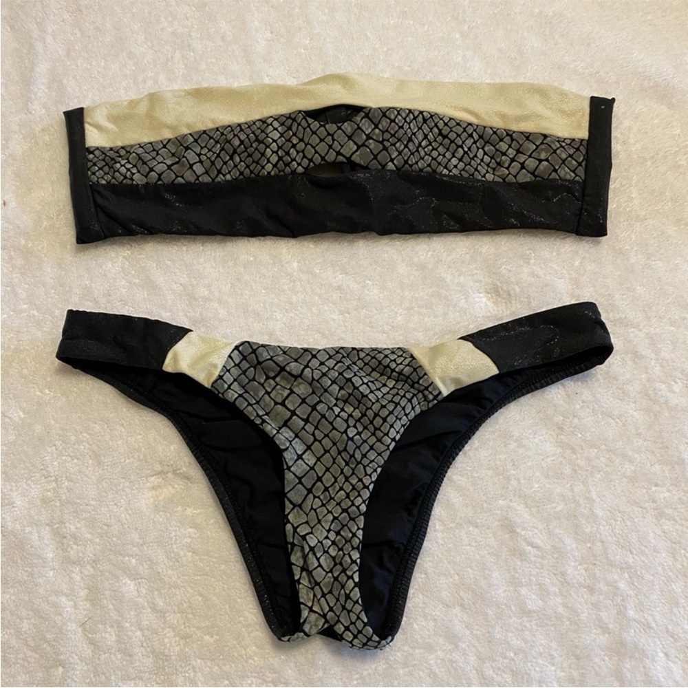 Pilyq Black and Cream Snake-Print Bandeau Bikini Set